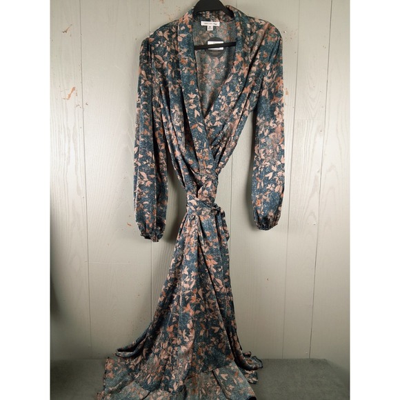 NWT Green & Copper Wrap Midi Maxi Dress ‎ Medium Puff Sleeve Boho Hi Low Floral - Picture 2 of 13